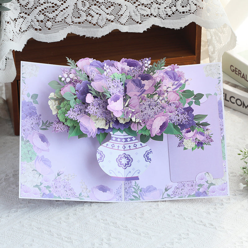 Purple Hydrangea Rose Bouquet 3D Pop Up Greeting Card - Mother's Day Birthday Anniversary