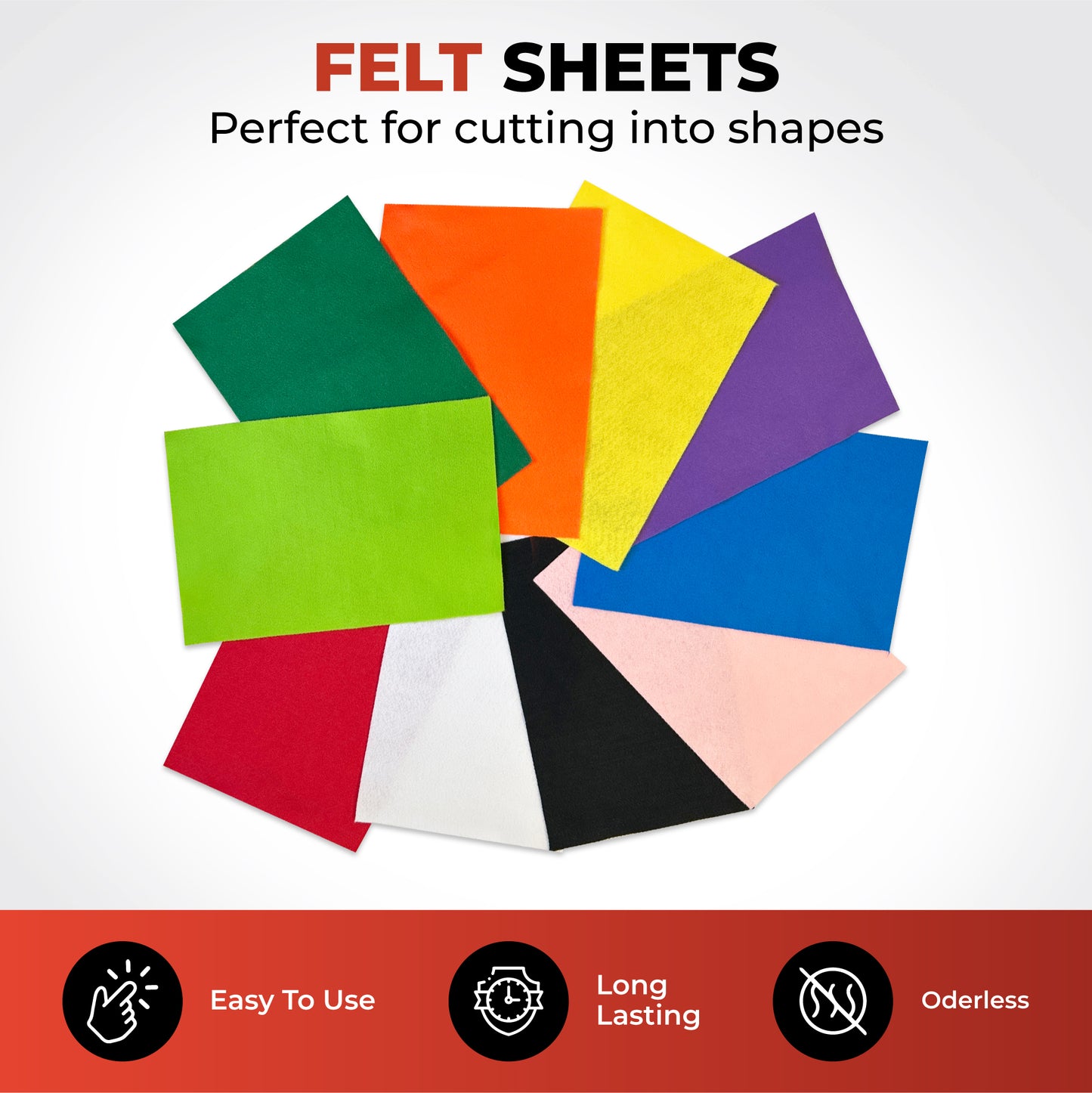 Pack of 10 A4 Red Coloured Felt 180gsm Sheets