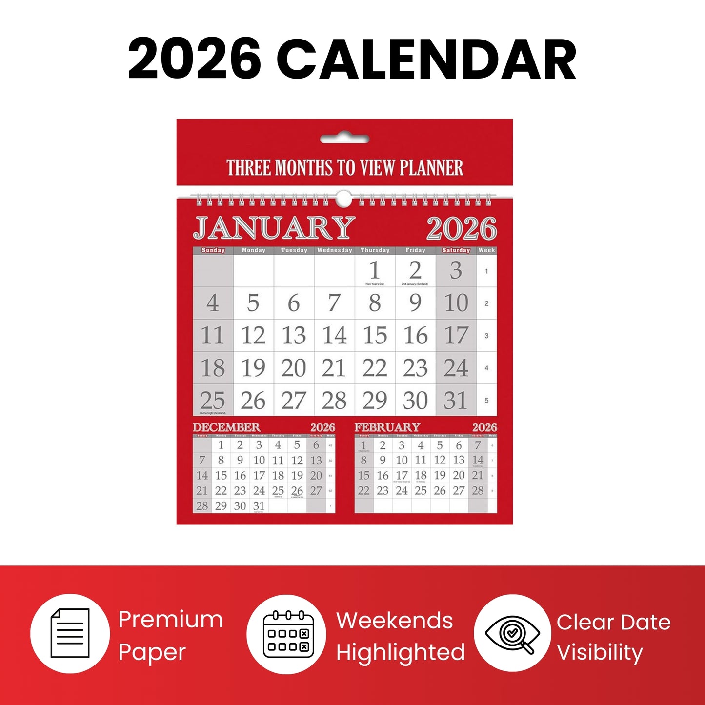 A3 Month To View Calendar 2026 – 297mm x 420mm