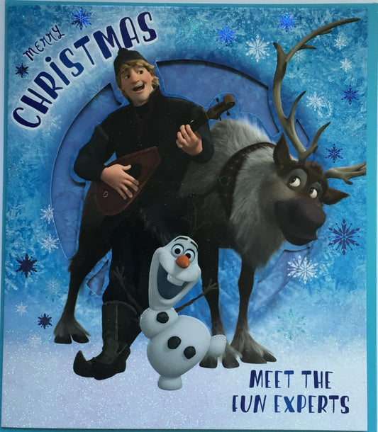 "Merry Christmas Meet The Fun Experts" Disney's Frozen Christmas Card For Boys Featuring Olaf The Snowman, Kristoff And Sven The Reindeer 
