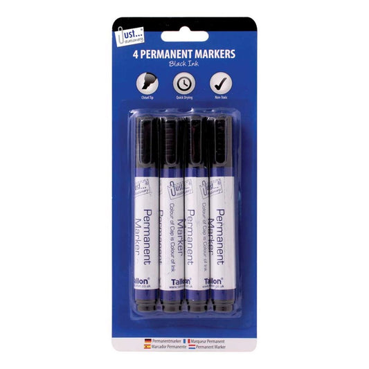 Just Stationery Chisel Tip Permanent Markers - Black (Pack of 4)