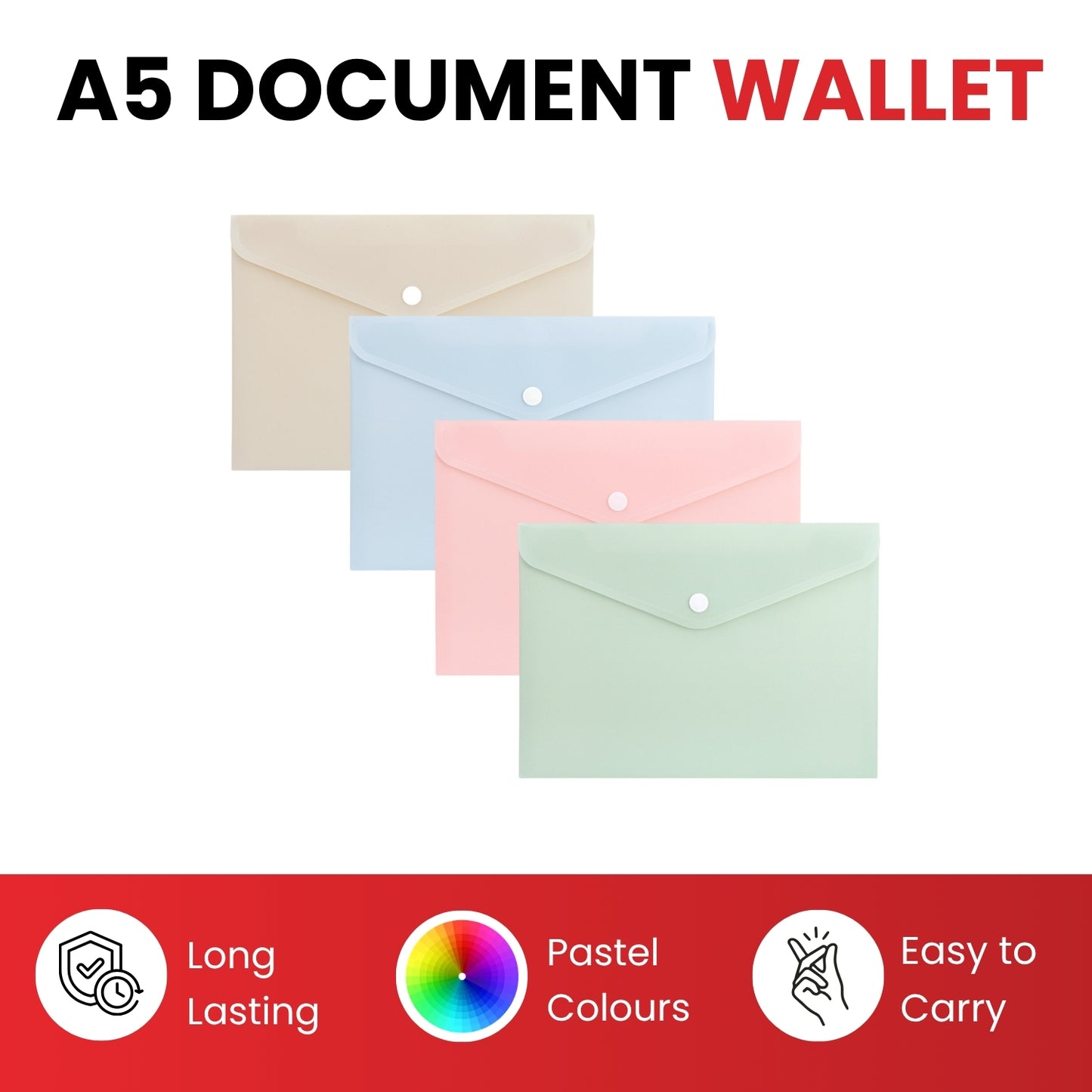 Pack of 12 A5 Assorted Light Pastel Coloured Soft Touch Plastic Document Wallets with Button Closure