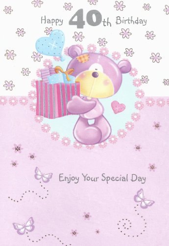 Happy 40th Teddy With Gift Design Birthday Card