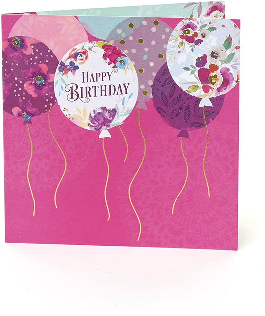 Happy Birthday Card Pink Balloons with Ribbon For Her