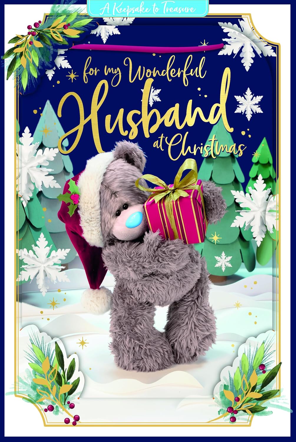 Bear Holding Gift Wonderful Husband 3D Christmas Keepsake Card