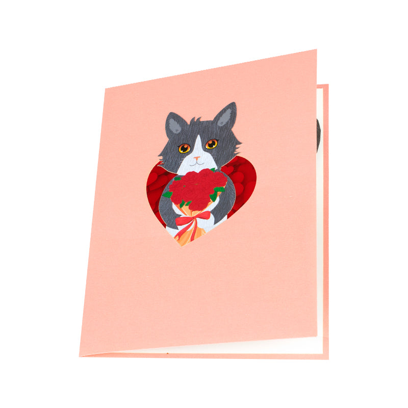 Cat with Red Roses 3D Pop Up Valentine’s Day Card