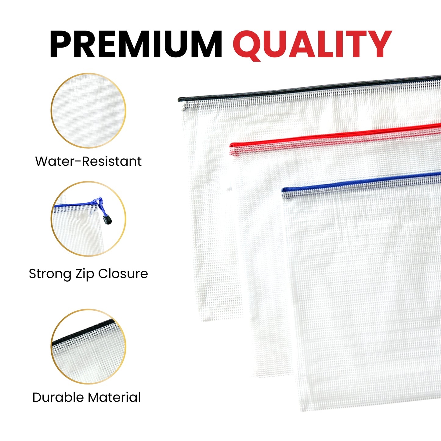 Pack of 3 Blue Zip Assorted Sizes Strong Mesh Bags - A3, A4, A5 - Tough Waterproof Storage
