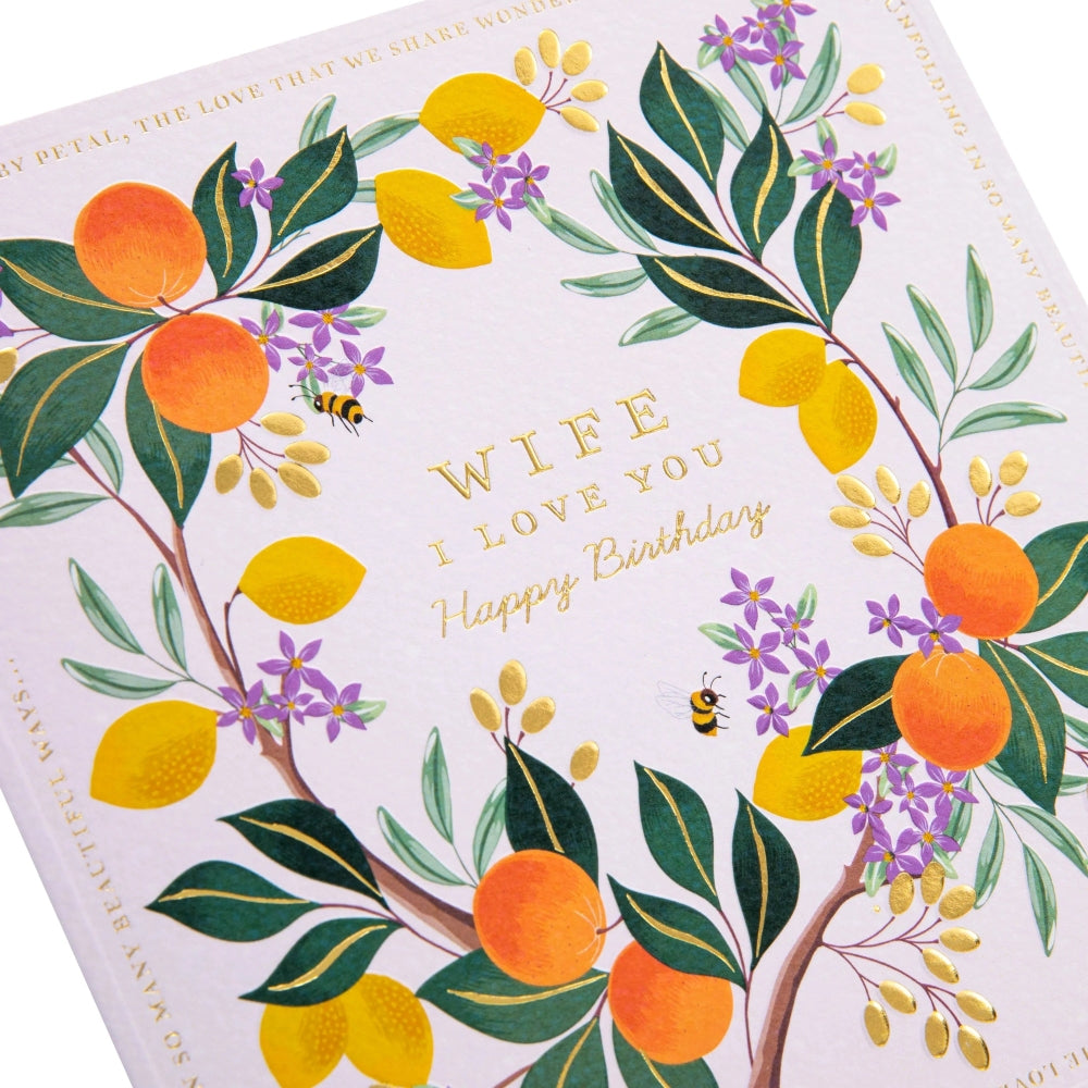 Lemon & Oranges Flower Border Design Wife Birthday Card