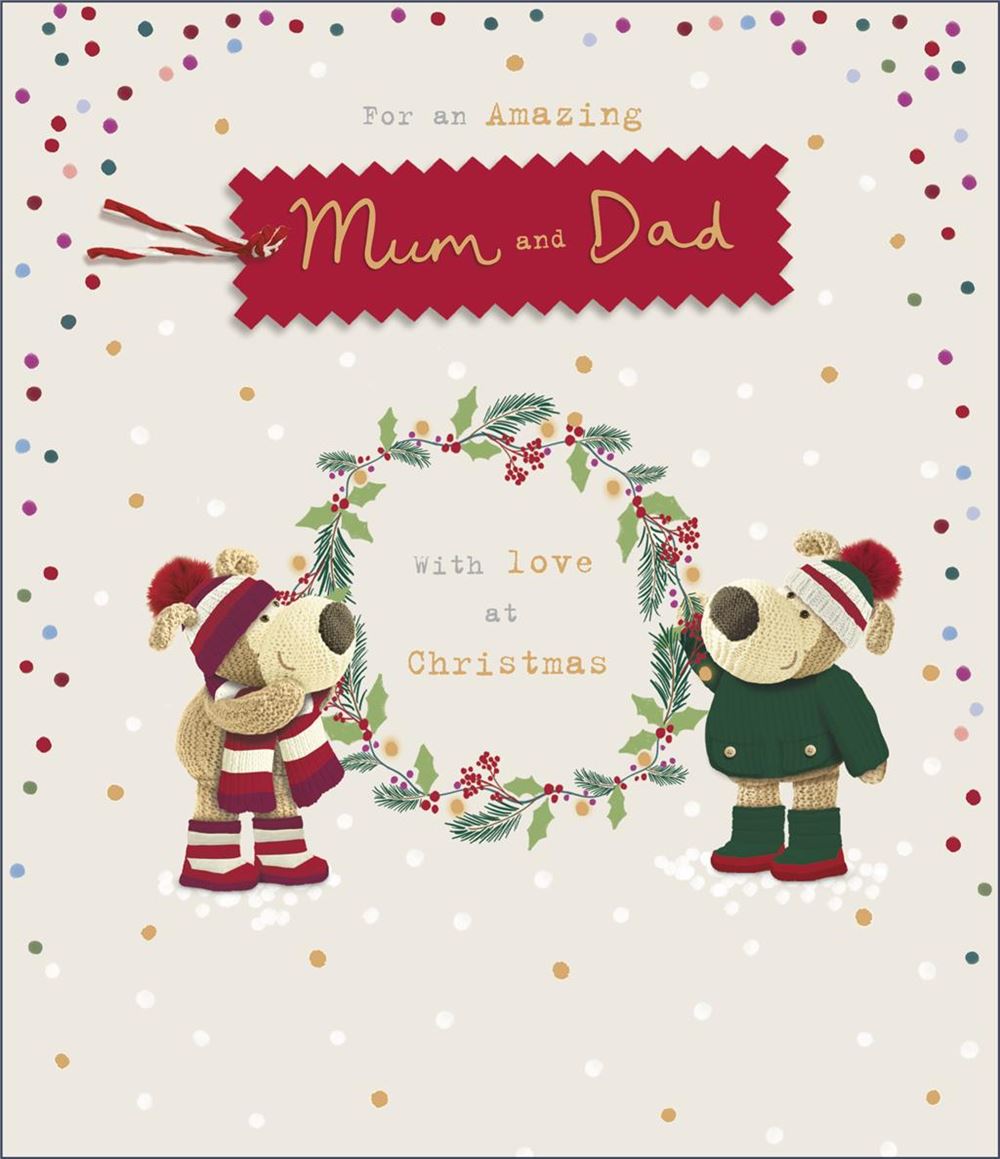 Boofles with Wreath Mum and Dad Christmas Card