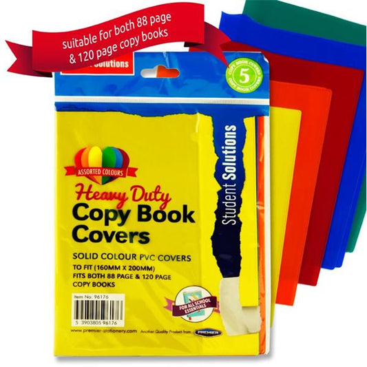 Pack of 5 PVC Assorted Solid Colours Heavy Duty Copy Book Covers by Student Solutions