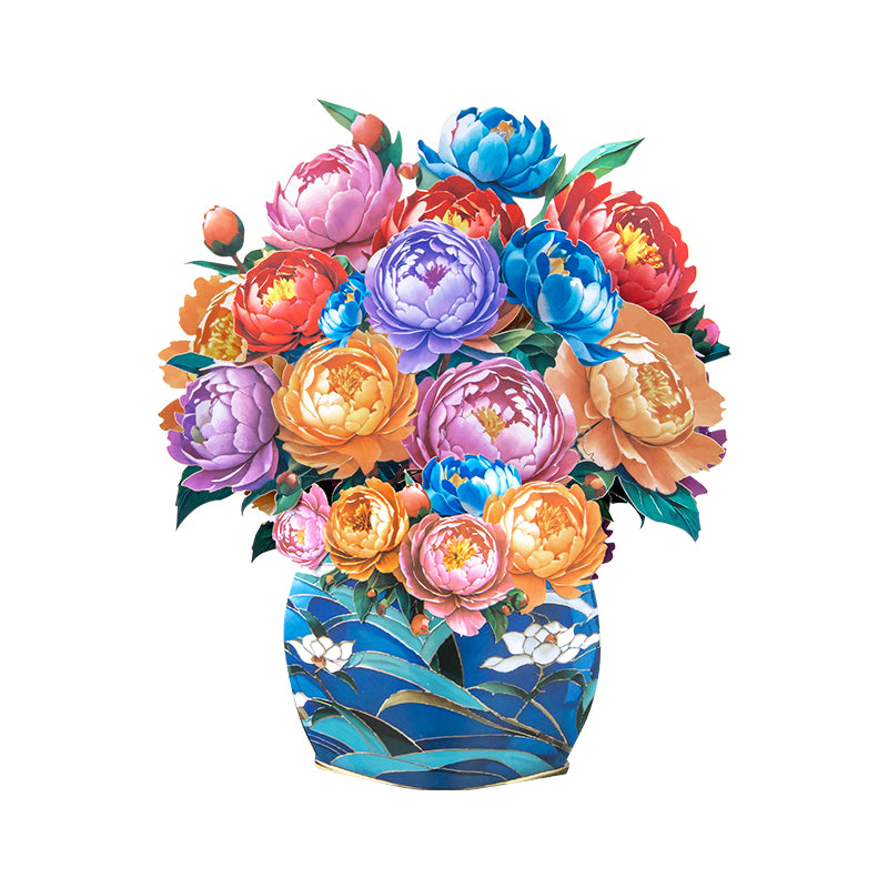 Colorful Grace Peony Bouquet in Blue Vase 3D Pop Up Greeting Card - Birthday Anniversary Mother's Valentine's Day