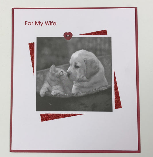For Wife Kissing Kitten and Puppy Design Valentine's Card