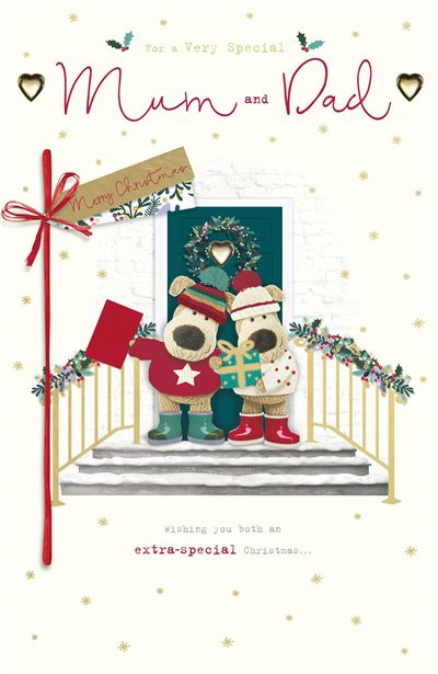 Boofles Standing On Doorstep Mum & Dad Christmas Card