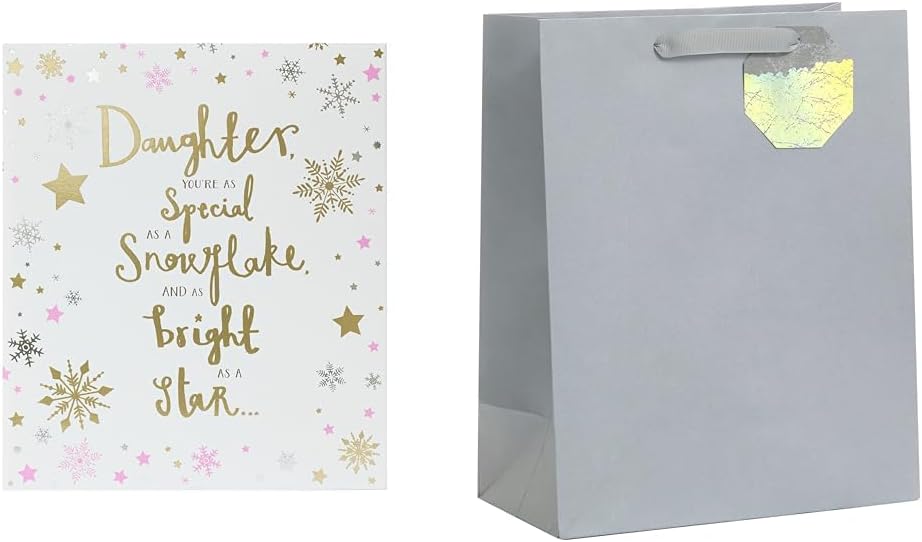 Christmas Card for Daughter + Large Silver Gift Bag With Tag