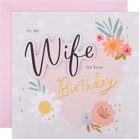 Contemporary Floral Pink Design Wife Birthday Card