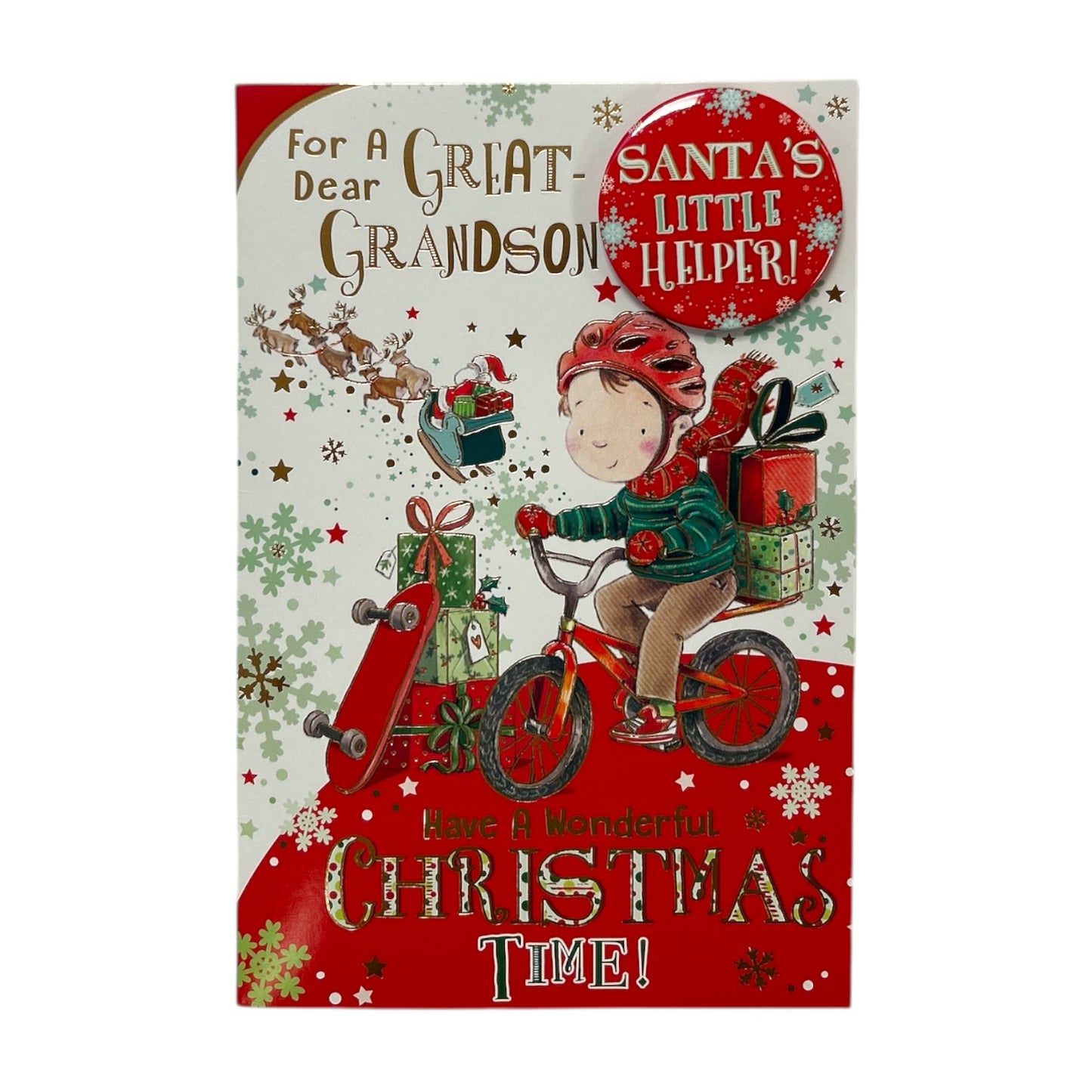 For a Dear Great Grandson Santa's Little Helper Christmas Card with Badge