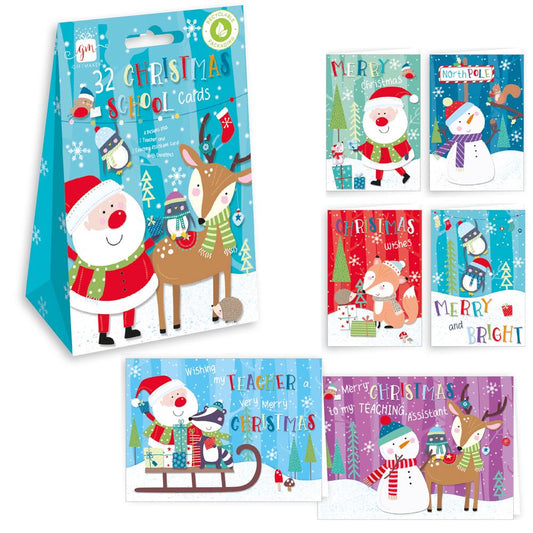 Pack of 32 Santa And Friends Design School Christmas Cards