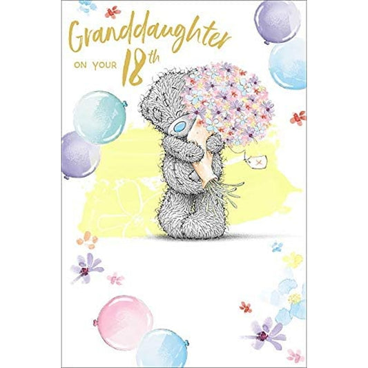 Granddaughter Tatty Teddy Holding Bouquet of Flowers Design 18th Birthday Card