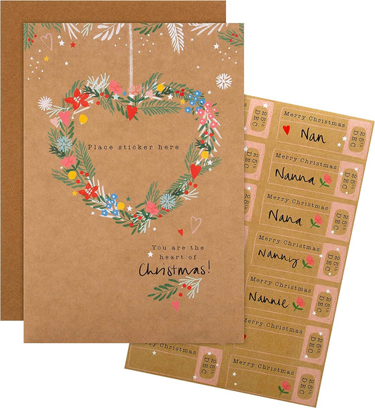 Floral Design with Customisable Name Change Grandma Christmas Card Heart Wreath Sticker Sheet