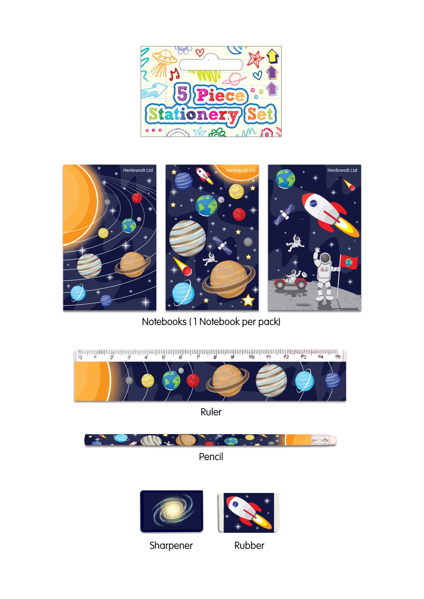 Pack of 24 Space Design 5 Piece Stationery Sets