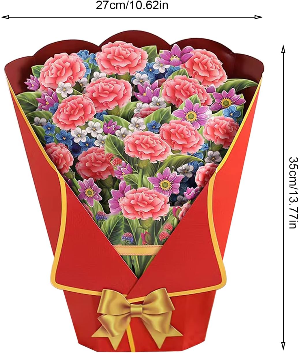 Carnation Bouquet Charm Red Wrap 3D Pop Up Greeting Card - Christmas Mother's Day Valentine's Day Wedding Anniversary