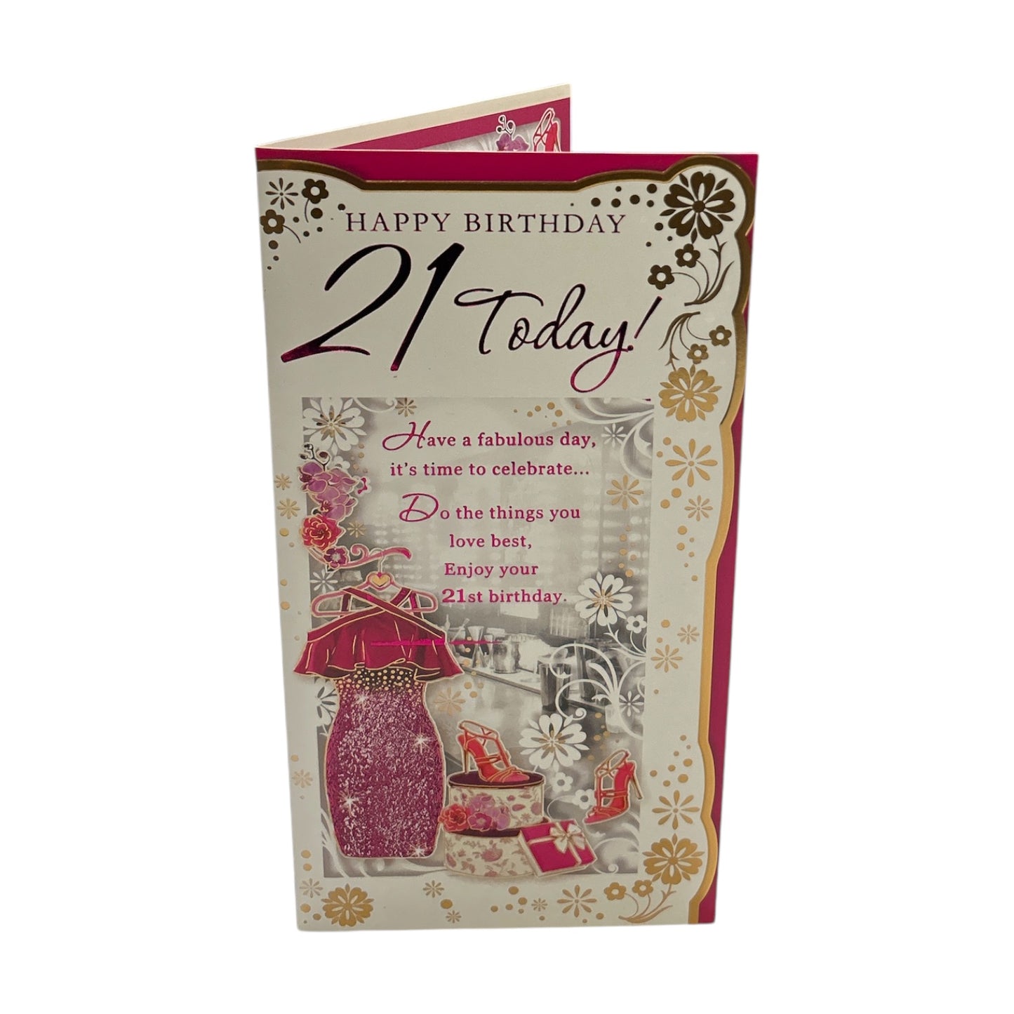 Age 21 Pink Dress and Sandals Design Floral Opacity Birthday Card