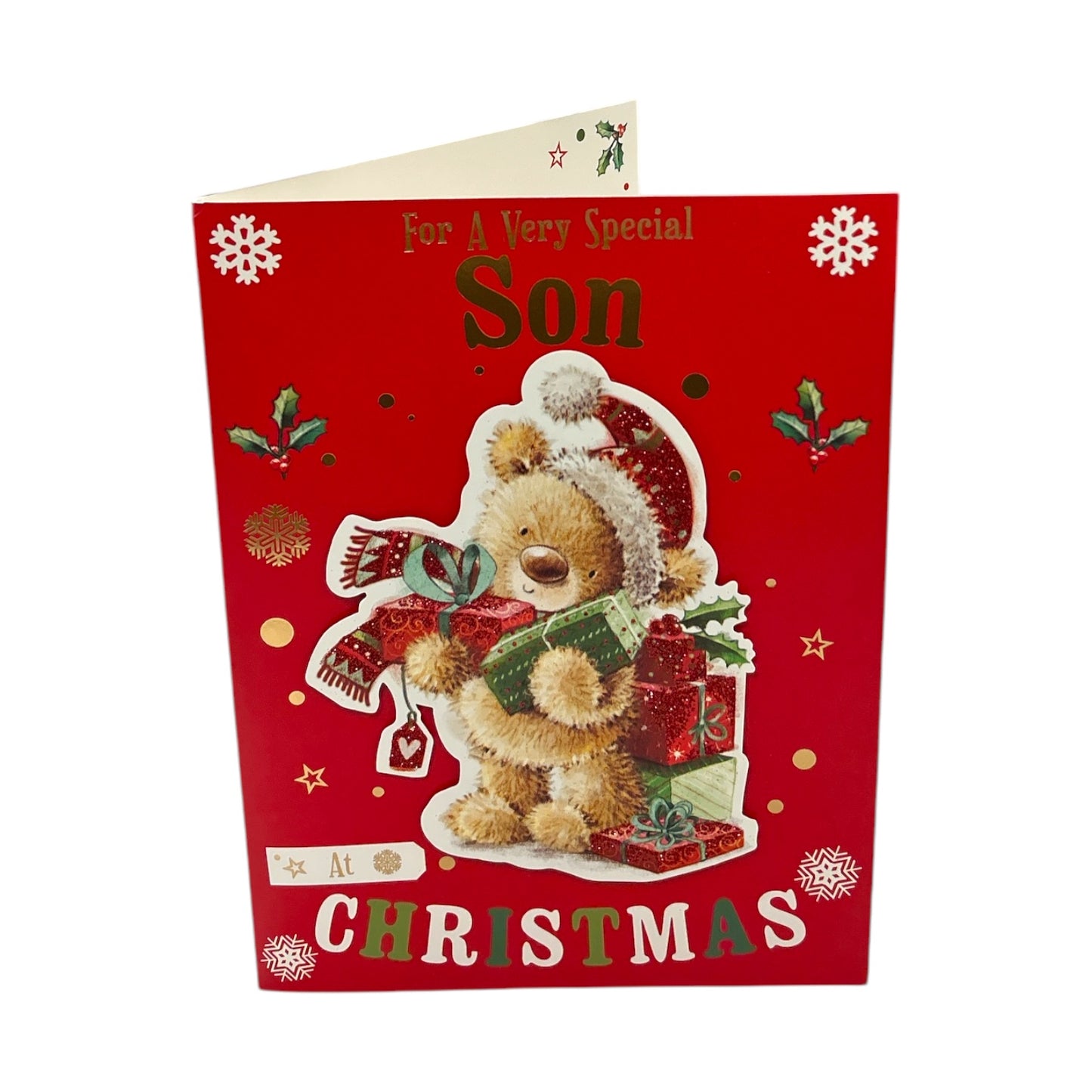 For Special Son Teddy With Gifts Design Red Christmas Card