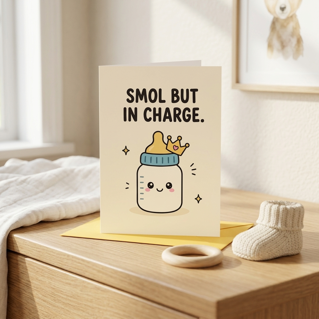Smol But In Charge New Baby Congratulations Card