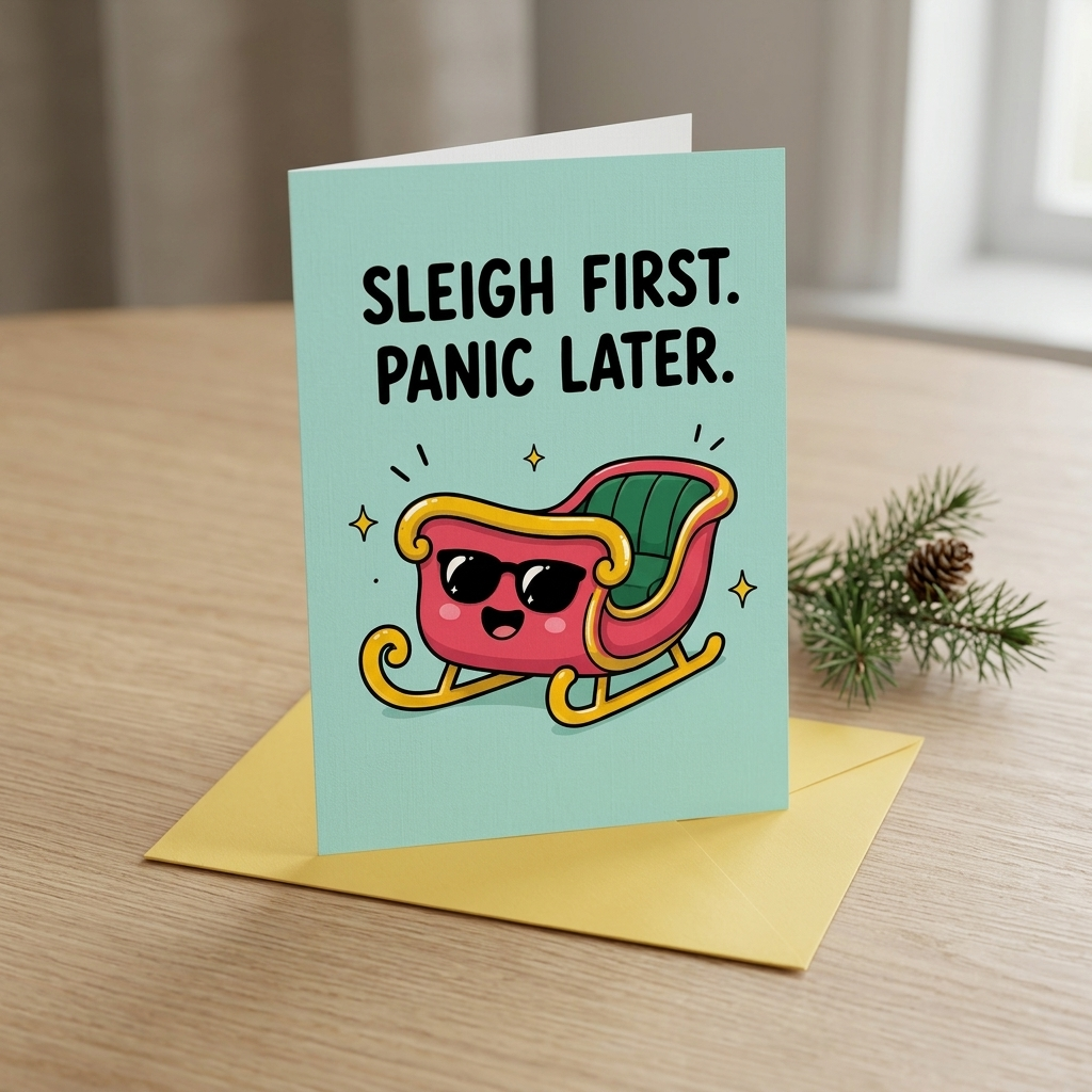 Sleigh First Panic Later Humorous Holiday Christmas Card