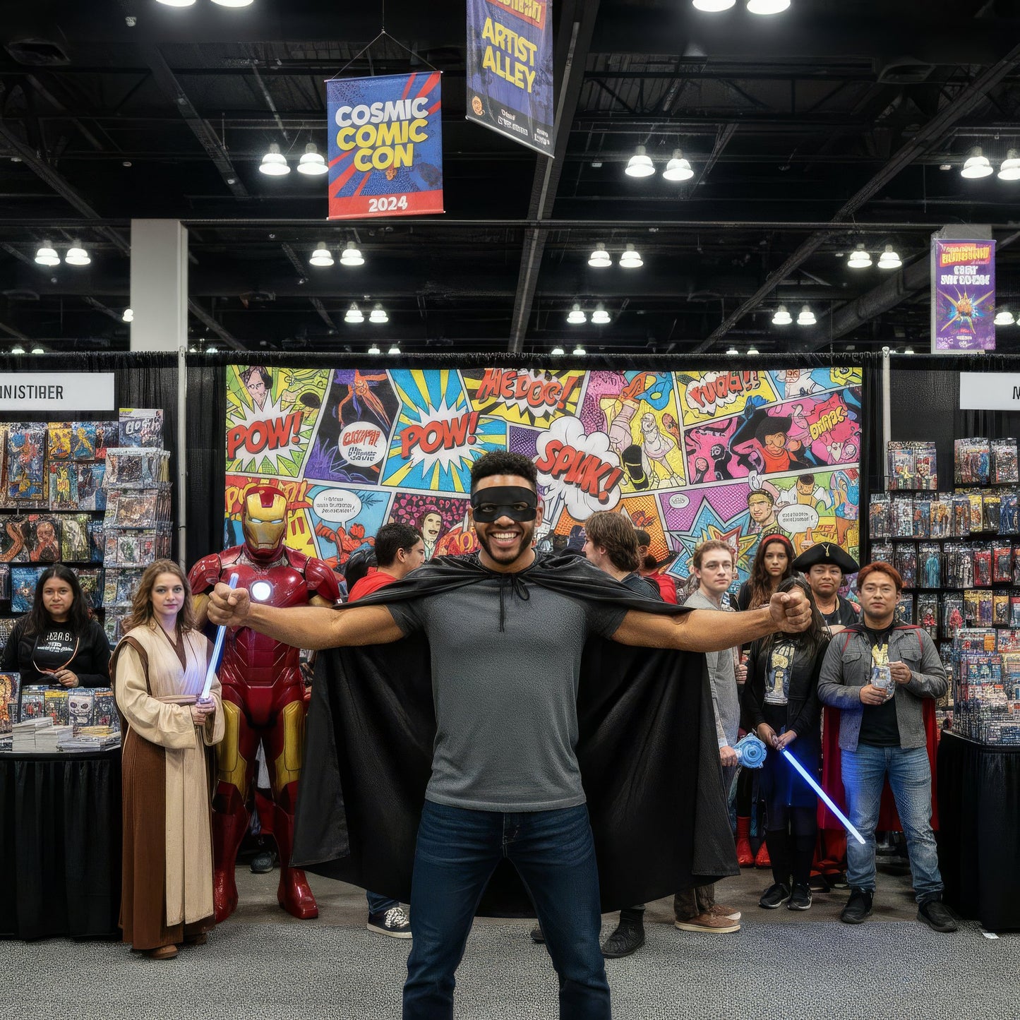 Adult Superhero Black Cape and Mask Fancy Dress Costume