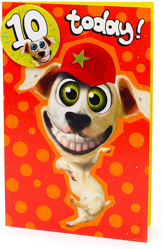 Wacky Dog Design 10th Birthday Card Badge Included