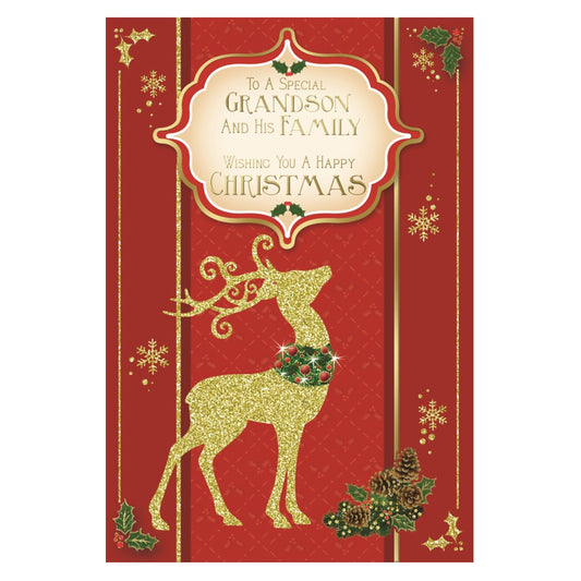 To a Special Grandson and His Family Glitter Finished Reindeer Christmas Card