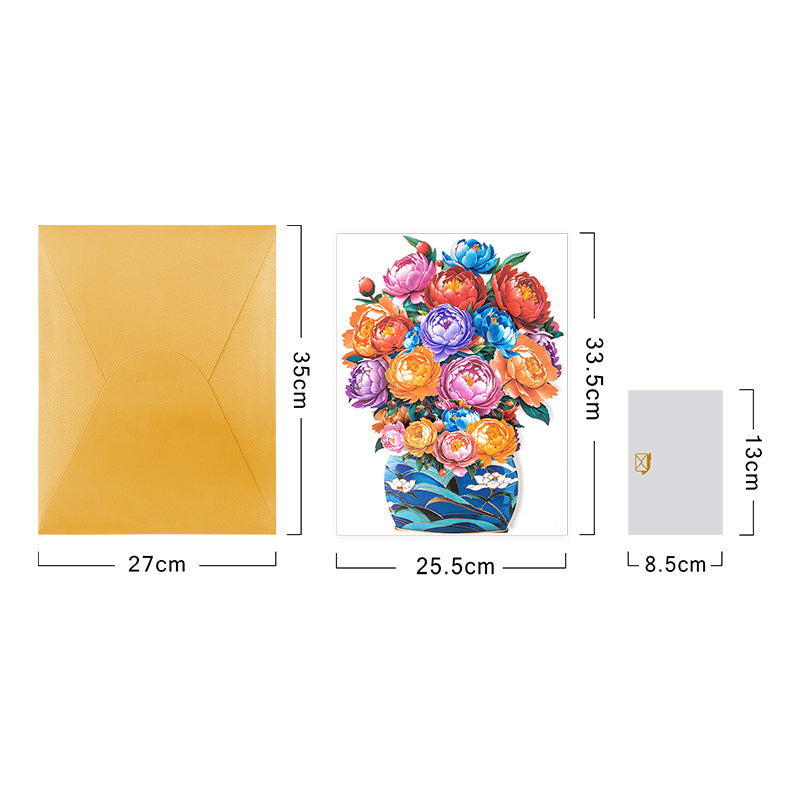 Colorful Grace Peony Bouquet in Blue Vase 3D Pop Up Greeting Card - Birthday Anniversary Mother's Valentine's Day