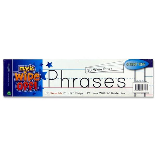 Pack of 30 Wipe-off Reusable 3"x12" White Phrase Strips by Clever Kidz