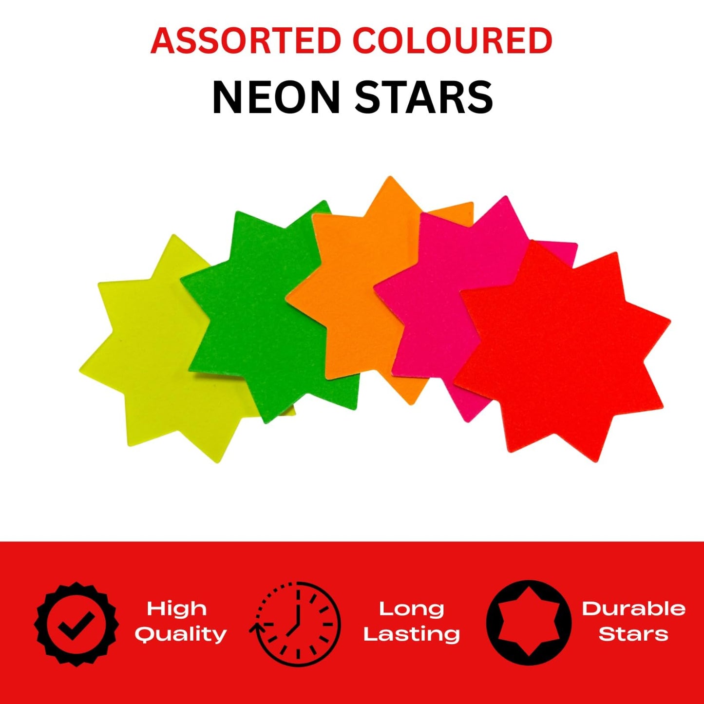 Pack of 200 Assorted Coloured Neon Fluorescent Stars 150 x 100mm