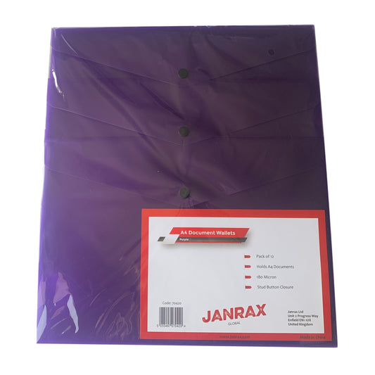 Pack of 12 Janrax A4 Purple Document Wallets - Button Stud Folder