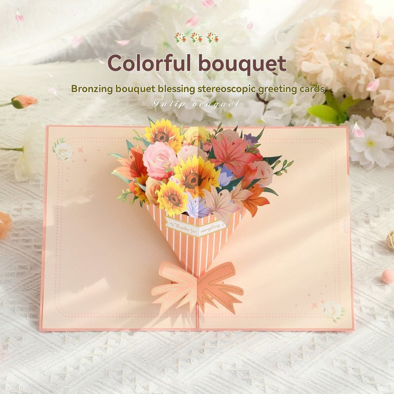 Golden Colorful Flower Bouquet 3D Pop Up Greeting Card