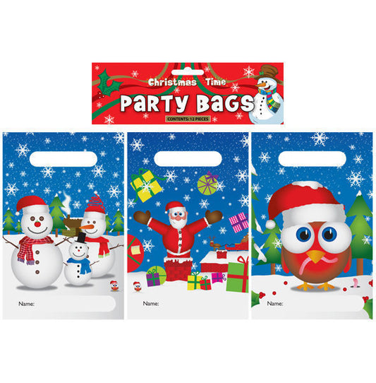 Pack of 12 Assorted Christmas Time Party Bags - Snowmen, Santa, Robin