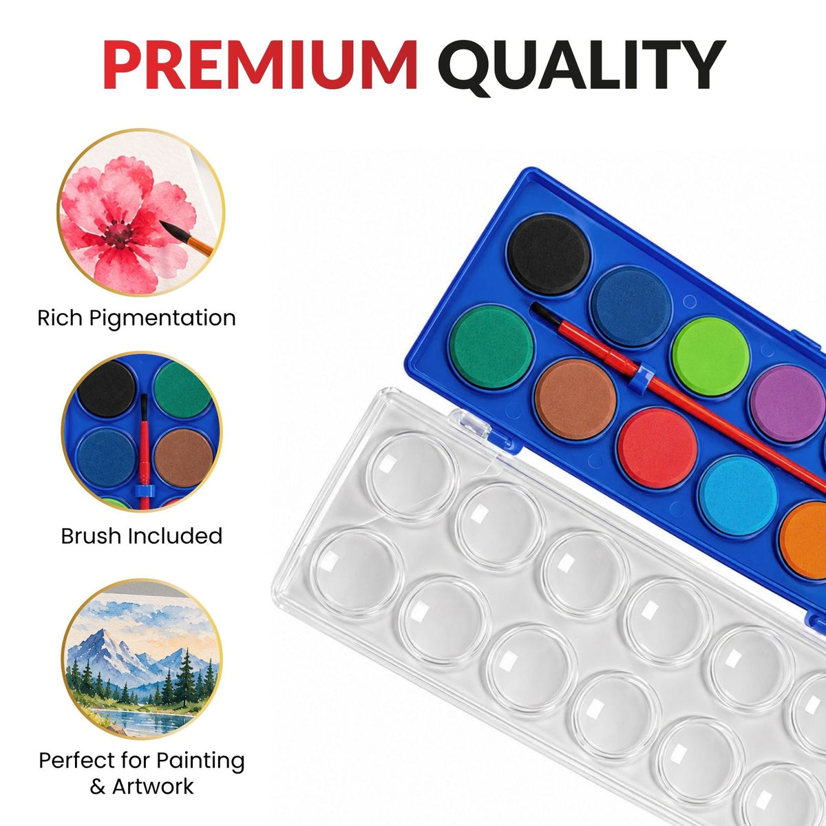 12 Sets of 12 Solid Watercolour With Brush in Plastic Case