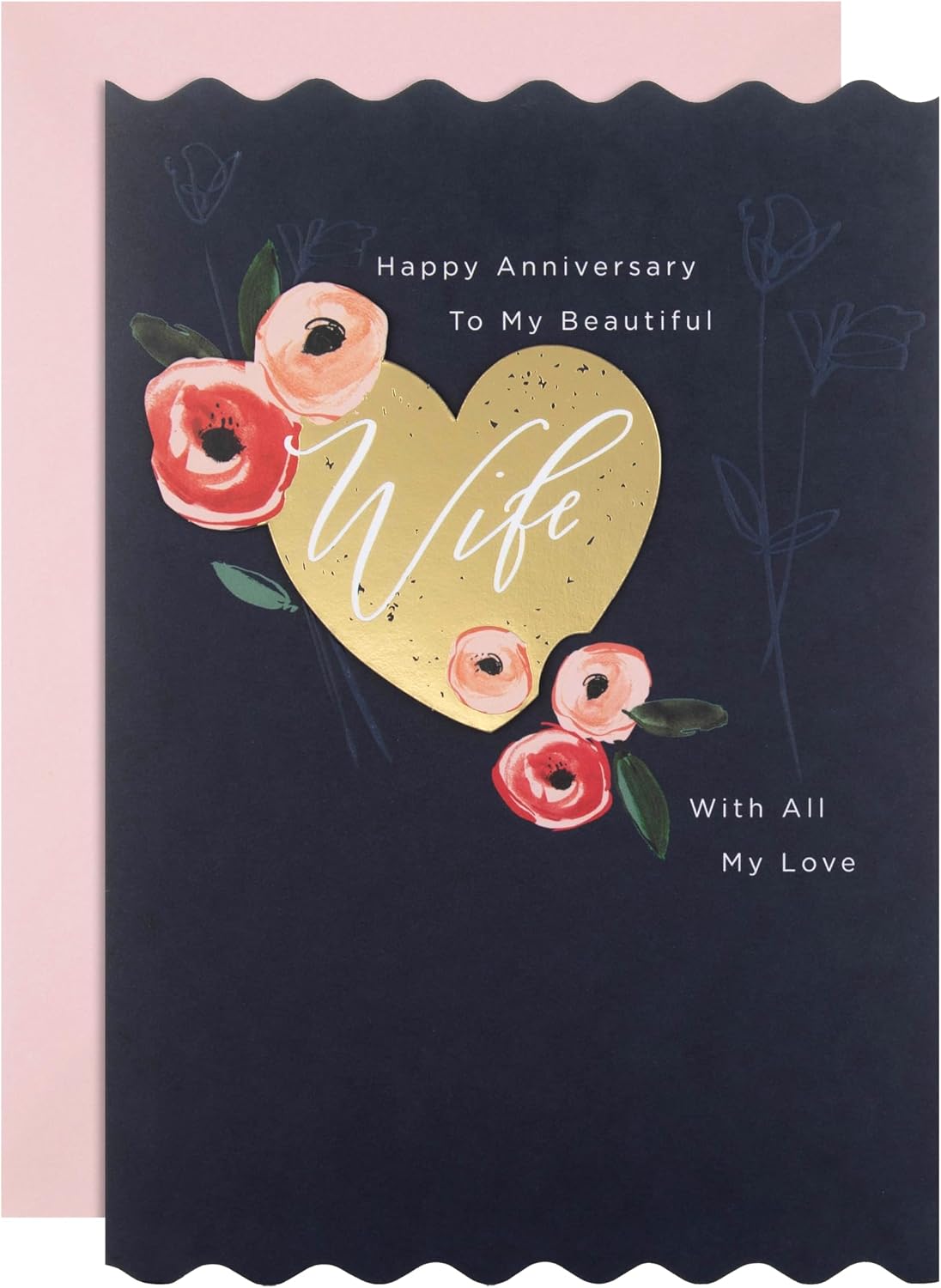 Gold Heart & Pink Flowers Wife Anniversary Card