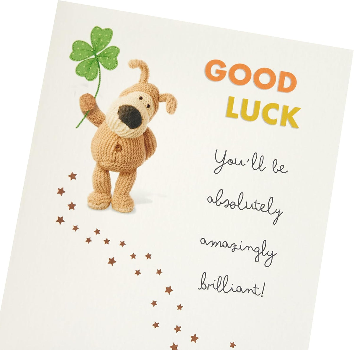 Boofle Holding Leaf Good Luck Card