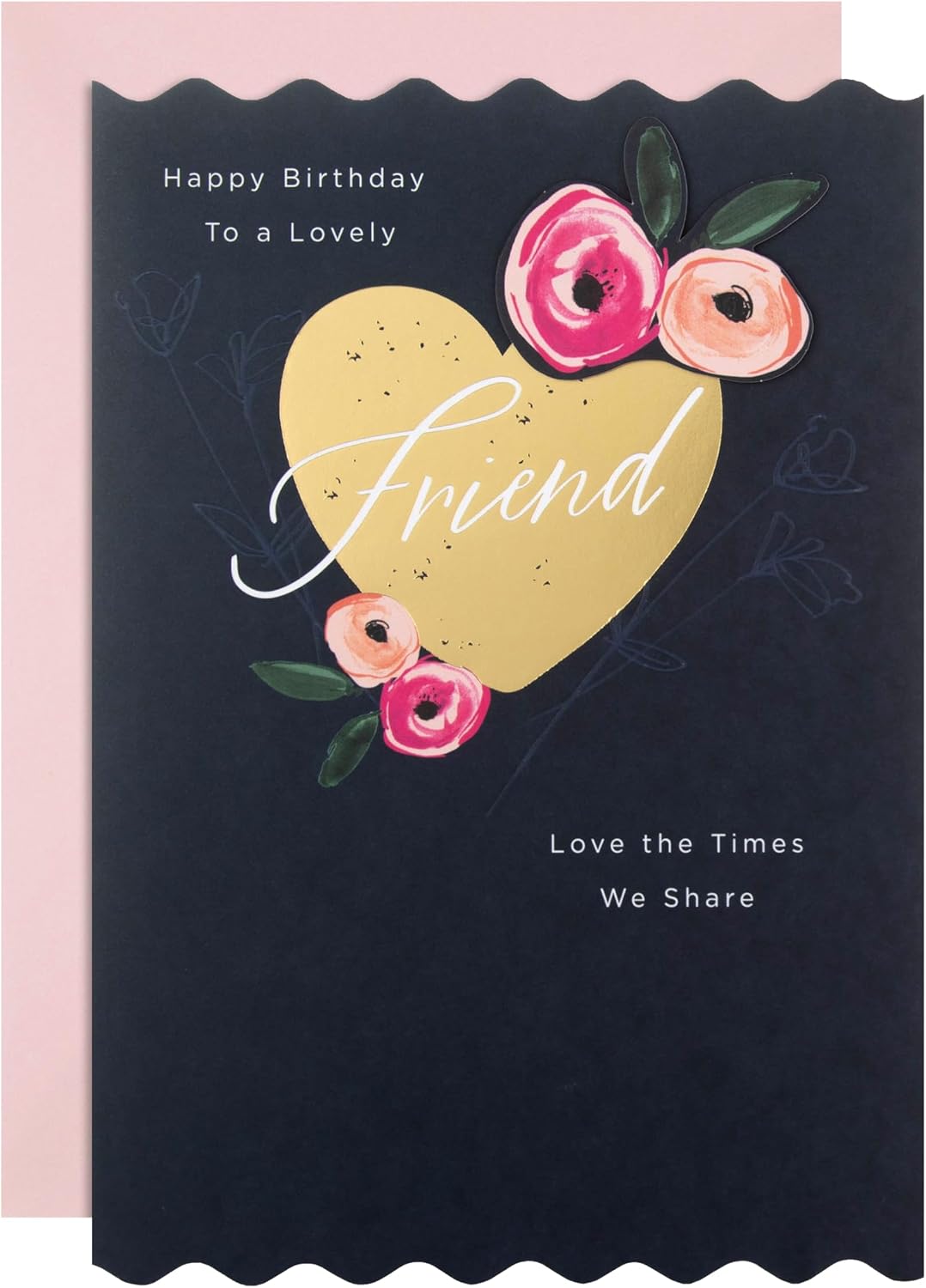 Gold Heart & Pink Flowers Friend Birthday Card