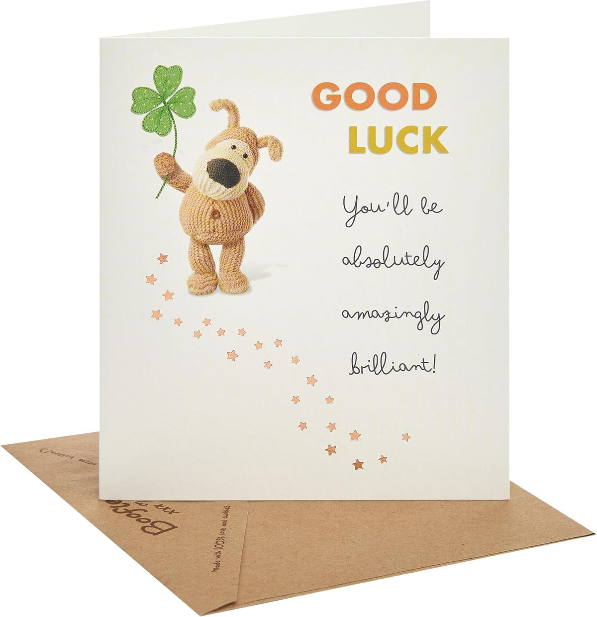 Boofle Holding Leaf Good Luck Card