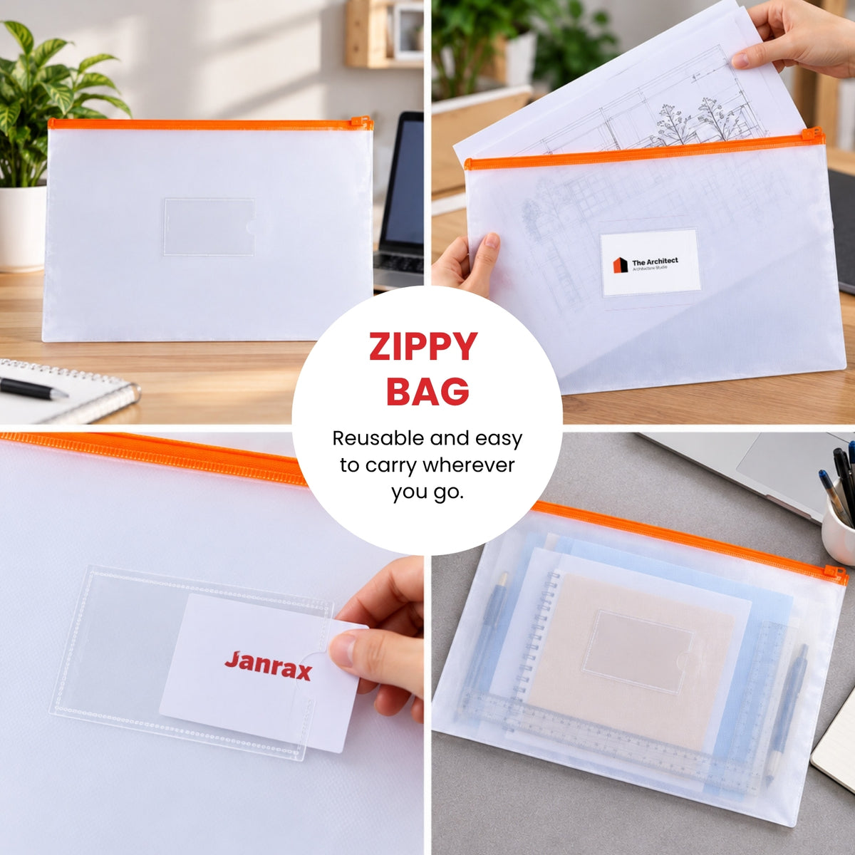 Pack of 12 A3 Clear Zippy Bags with Green Zip