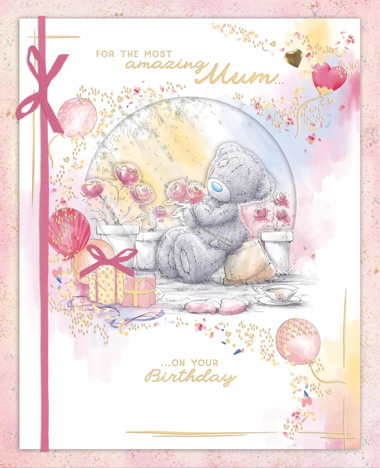 Bear Sat On Plant Pot With Flowers Handmade Mum Birthday Card