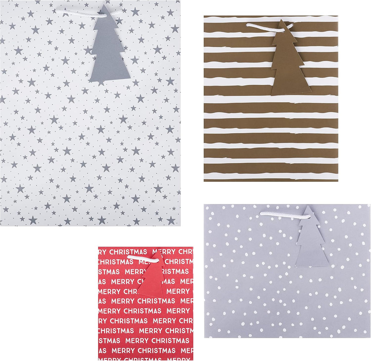 Festive Design 4 Pack Silver & Gold, Large, Medium, Small Christmas Gift Bags