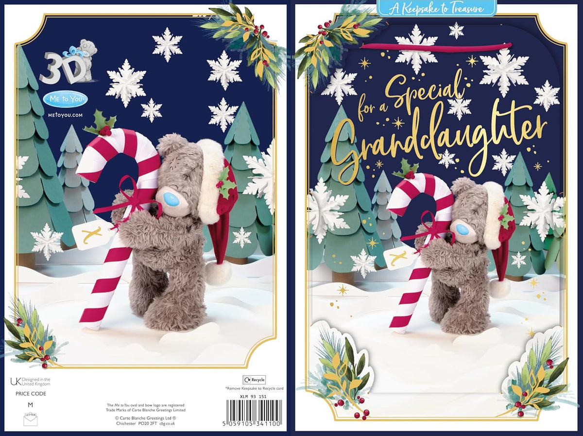 Bear With Candy Cane Special Granddaughter 3D Christmas Keepsake Card
