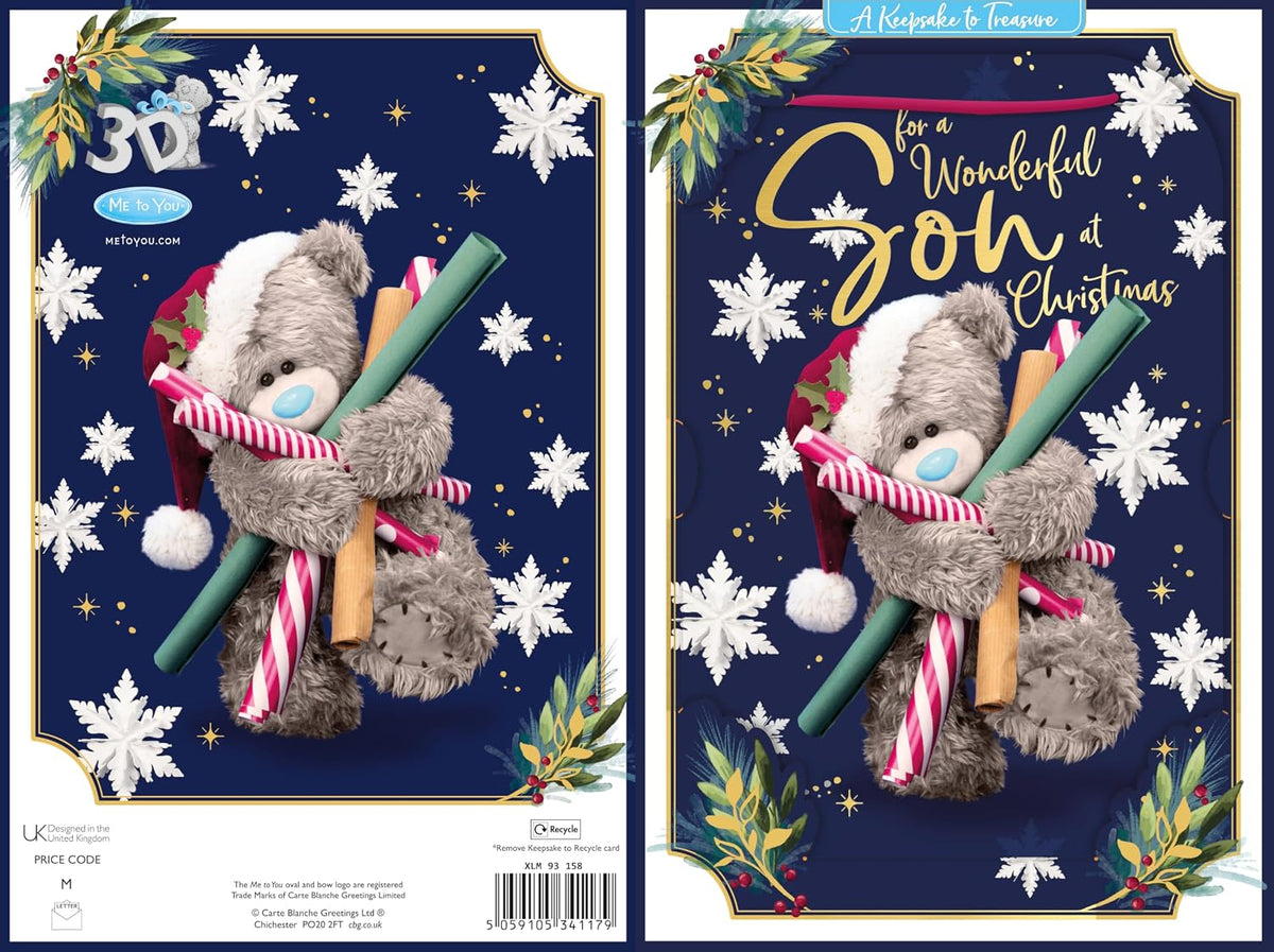 Bear With Wrapping Paper Wonderful Son 3D Christmas Keepsake Card