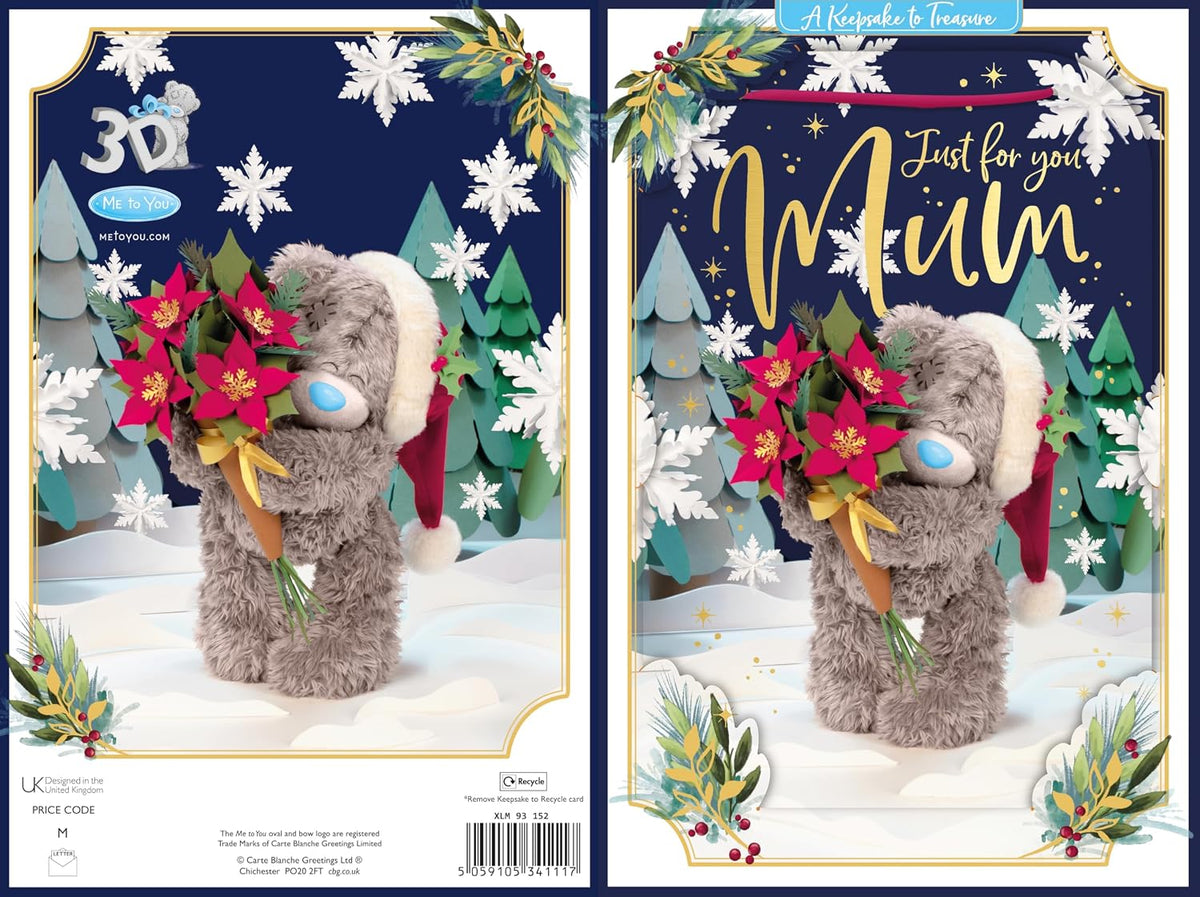 Bear Holding Poinsettia Bouquet Mum 3D Christmas Keepsake Card