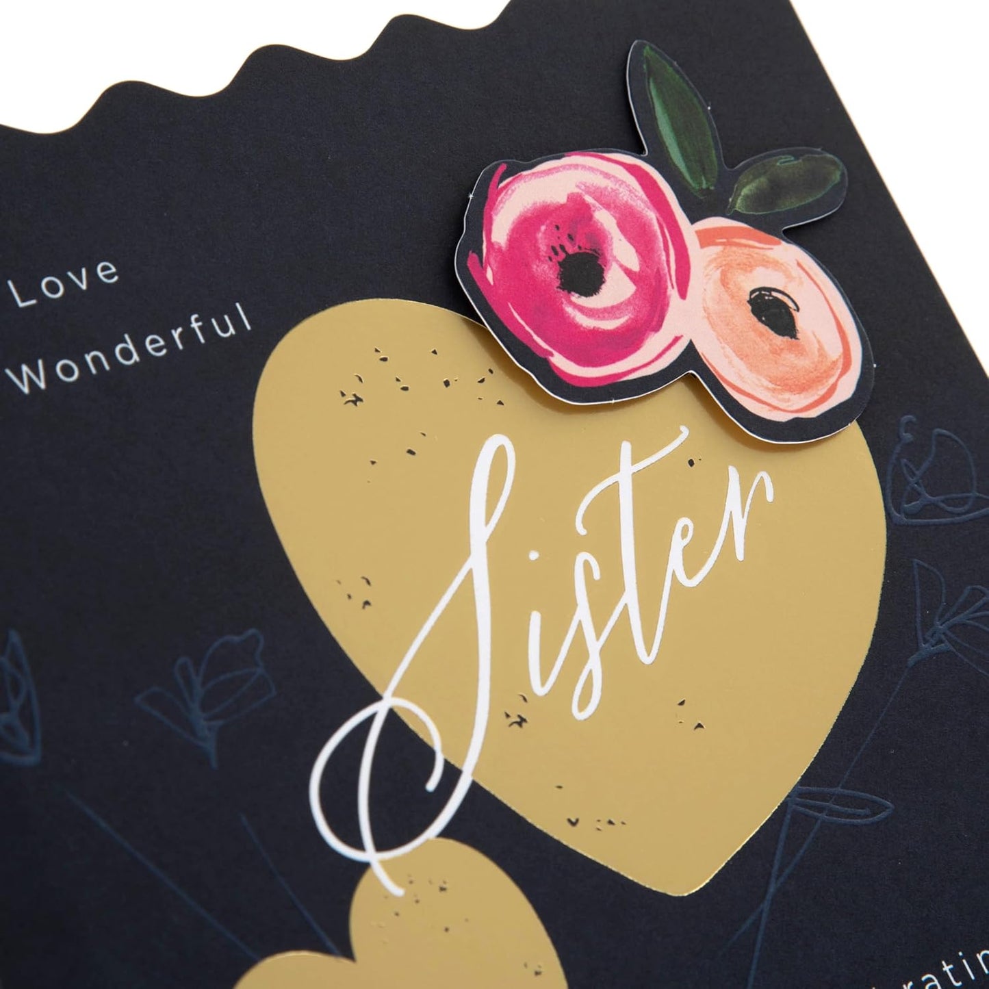 Gold Heart & Pink Flowers Sister Birthday Card